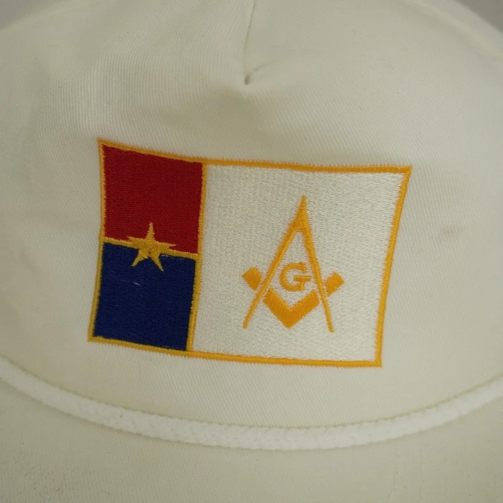 Vintage 90s Texas Freemason Masonic Square Compass Rope Brim Snapback Hat White